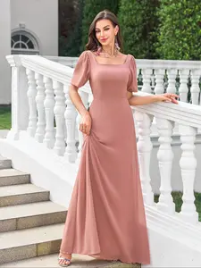 Women's Elegant Square Neck Bubble Sleeves Waist Cinched Backless Loose Hem Bridesmaid Dress, Maxi Fitted Plain All Seasons
