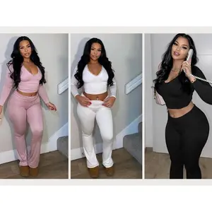 Women’s 2-Piece Lounge Set – Long-Sleeve Crop Top & Flared Pants, Soft Stretch Loungewear Outfit, Women’s Two-Piece Sets