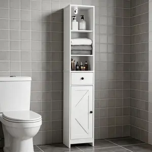 Tall Bathroom Storage Cabinet Narrow with Sliding Barn Door, 66.9" Freestanding Organizer with 3-Tier Open Shelves, Hidden Drawer & Compartments, Rustic Farmhouse Style for Small Spaces