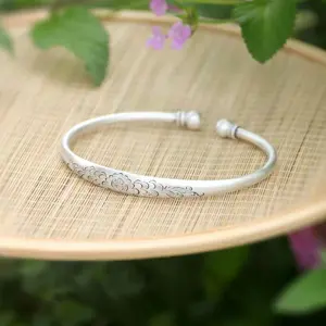 2pcs-White copper silver-plated peony bracelet female young ethnic style engraved lotus matte open bracelet commemorative gift