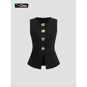 Women’s basic French-style thin fit blazer with metal buttons, sleeveless casual jacket for daily wear, lightweight outerwear for spring and fall, GARMENTORY