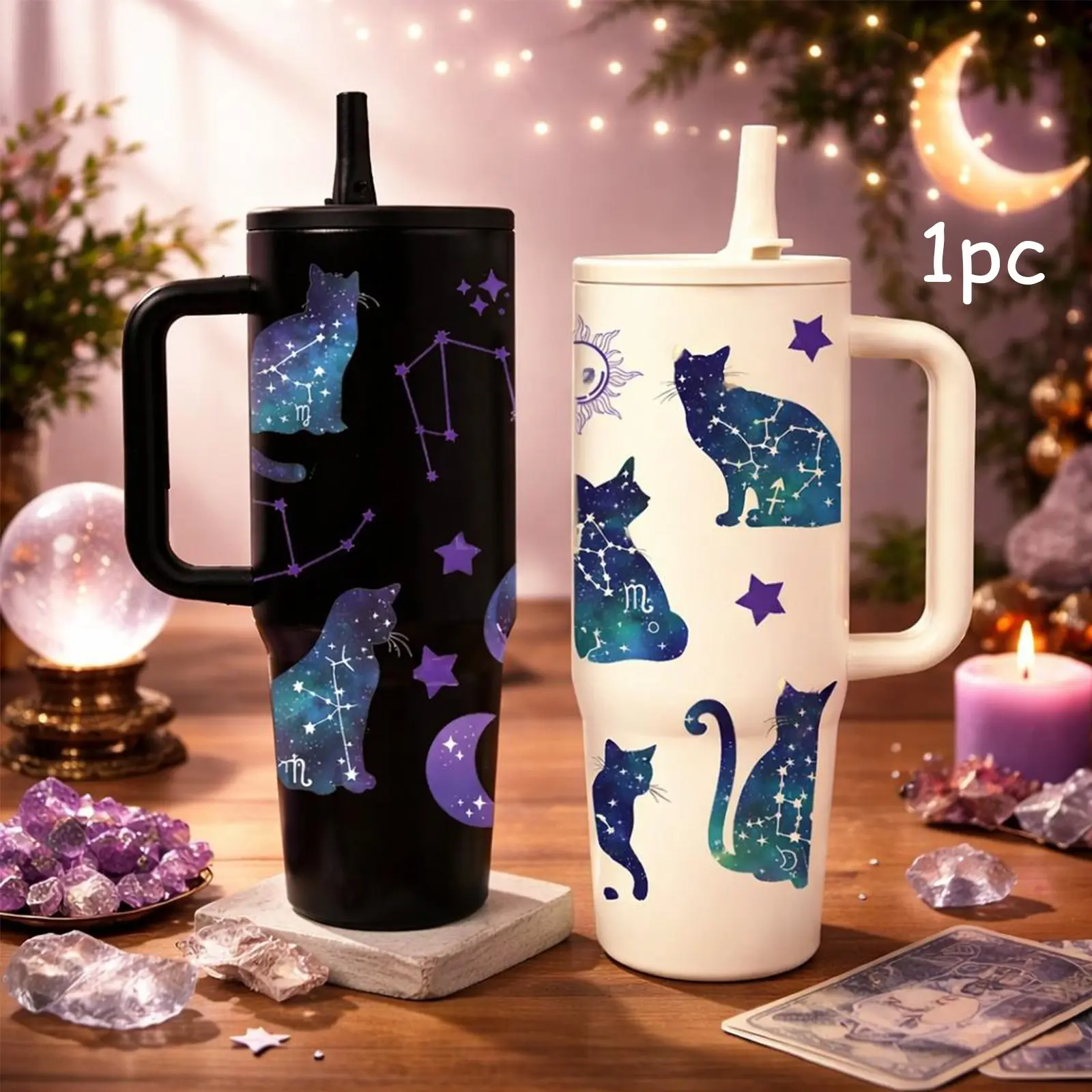 40oz Insulated Thermo Tumbler With Handle, Insulated Coffee Tumbler, Insulated Travel Tumbler, Galaxy Cat Constellation Print Thermal Mug, Car Cup Holder Friendly, Insulated Stainless Steel, Birthday Gift for Cat Lovers