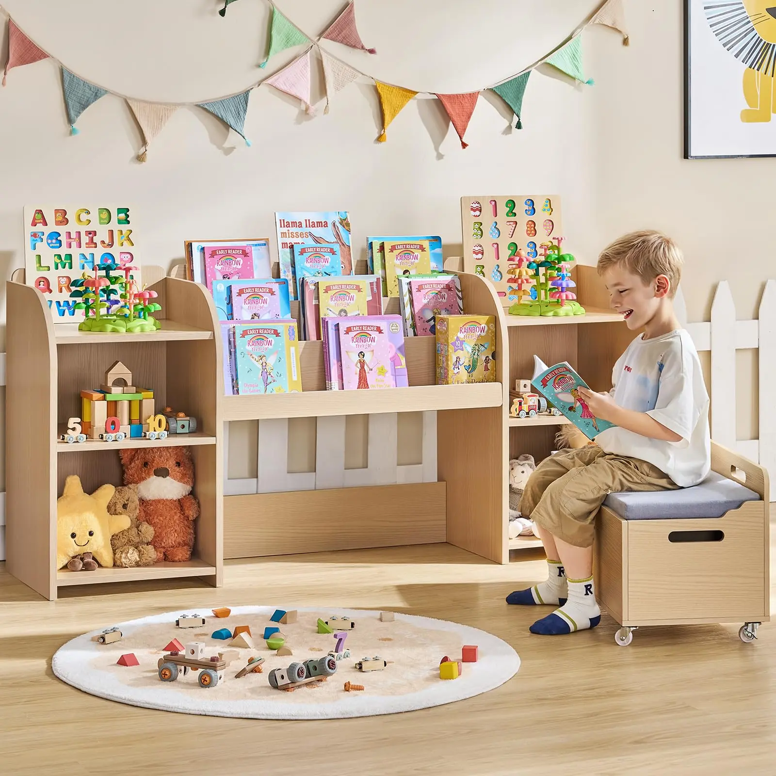 【BackToSchool】ONBRILL Kids Bookshelf with Reading Nook, 64.5" Toy Storage Organizer with Movable Bench with 3 Storage, Kids Bookcase with 3-Tier Bookshelf, 6 Storage Cubbies, Toy Box & Chest for Bedroom, Playroom