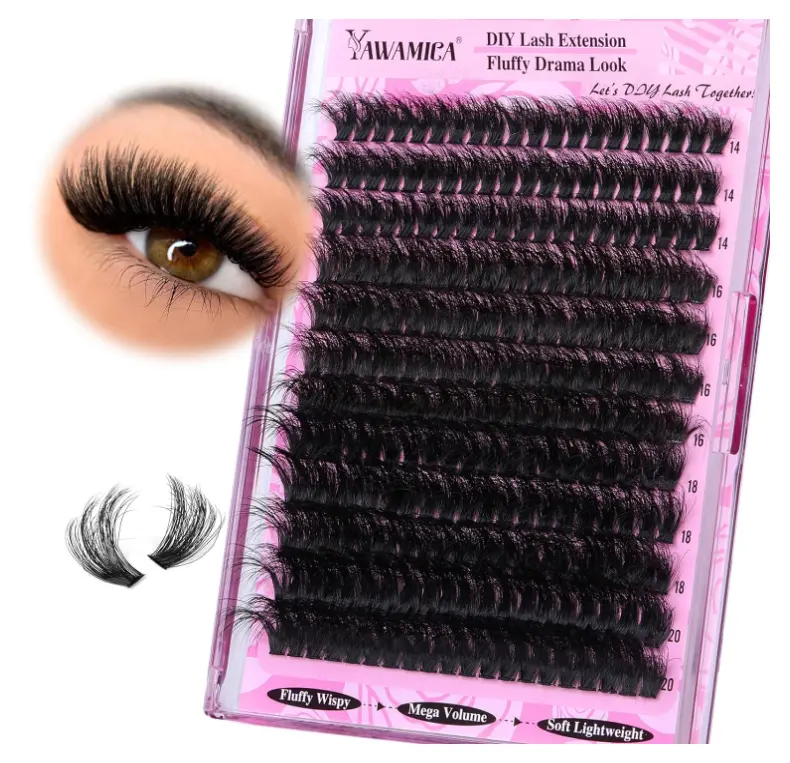 Lash Extension Kit Fluffi Lash Clusters Kit 12-20mm Individual Lashes with Lash Bond, Lash Remover, Applicator for DIY (150D+200D-12-20MM Kit)