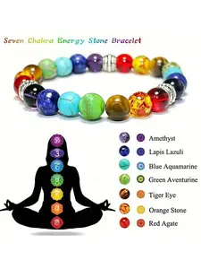 Chakra Healing Energy Bracelet, Volcanic Turquoise Yoga Balance Bead Bracelet, Seven Chakras Crystal Beads, Spiritual Balance Jewelry Gift