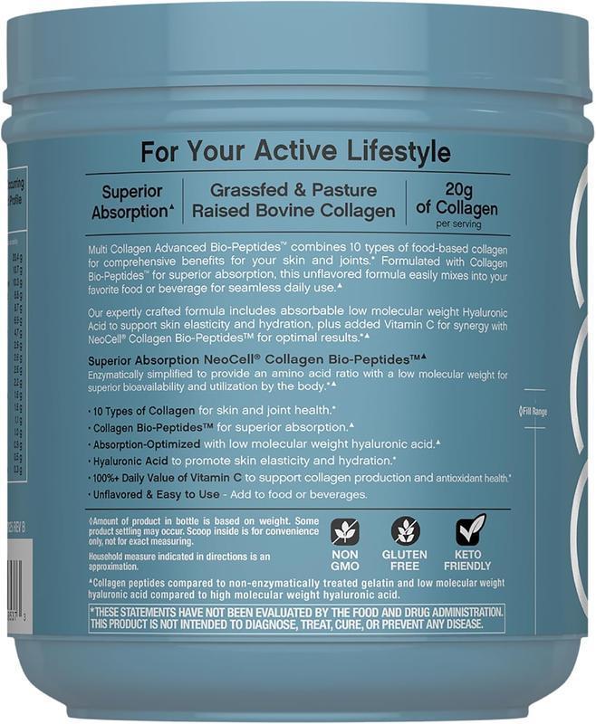 NeoCell Multi Collagen Advanced Bio-Peptides Powder 20oz Grassfed Protein Supplement with 18 Essential Amino Acids for Superior Absorption & Healthy Skin Joints