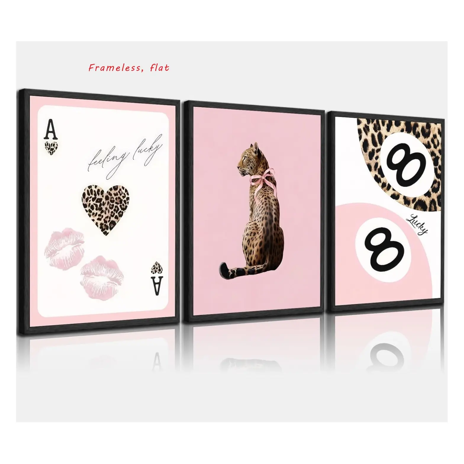 3-Piece Set / Pink Leopard Print Design Pattern Fashion Poster: Home Wall Decor featuring leopard-print bows and preppy-style prints; stylish, artistic, frameless artwork in the “Lucky 8” style, perfect for girls' bedrooms, dorm rooms, and apartments