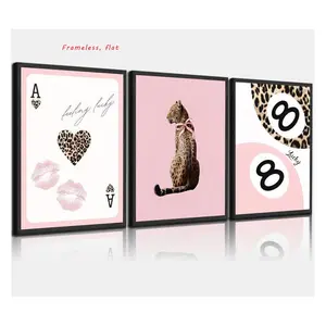 3-Piece Set / Pink Leopard Print Fashion Poster: Wall decor featuring leopard-print bows and preppy-style prints; stylish, Decorative, frameless artwork in the “Lucky 8” style, perfect for girls' bedrooms, dorm rooms, and apartments