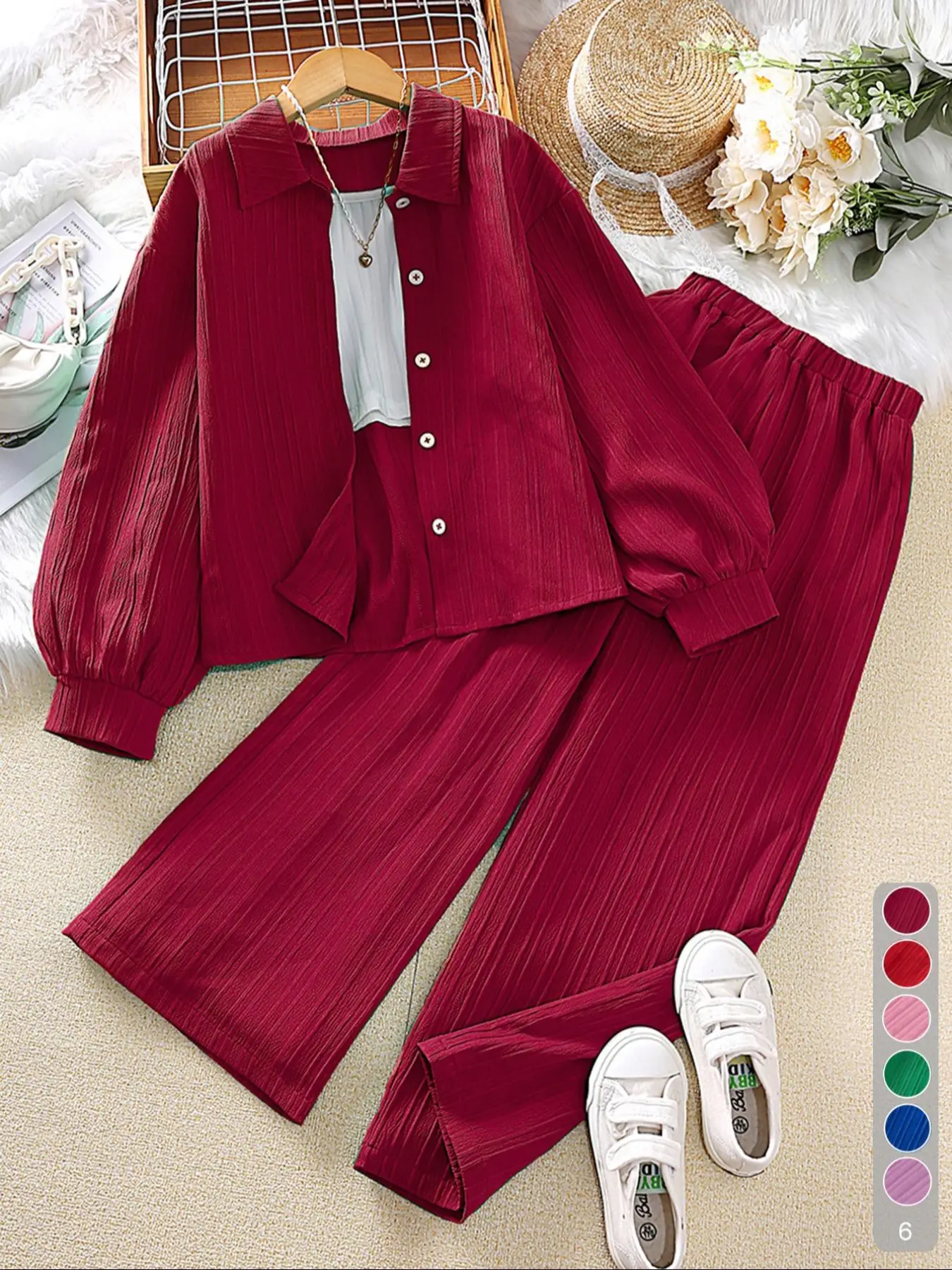 Two-Piece Set Girl's Solid Textured Button Front Shirt & Elastic Waist Pants Set, Casual Bishop Sleeve Collared Top & Trousers for Fall & Winter, Kids