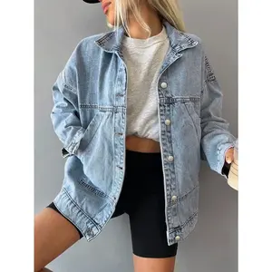 Women's washed light blue loose denim jacket, loose collar casual long sleeved denim jacket with large pockets, suitable for spring, autumn, and winter wearRAIMENTRY