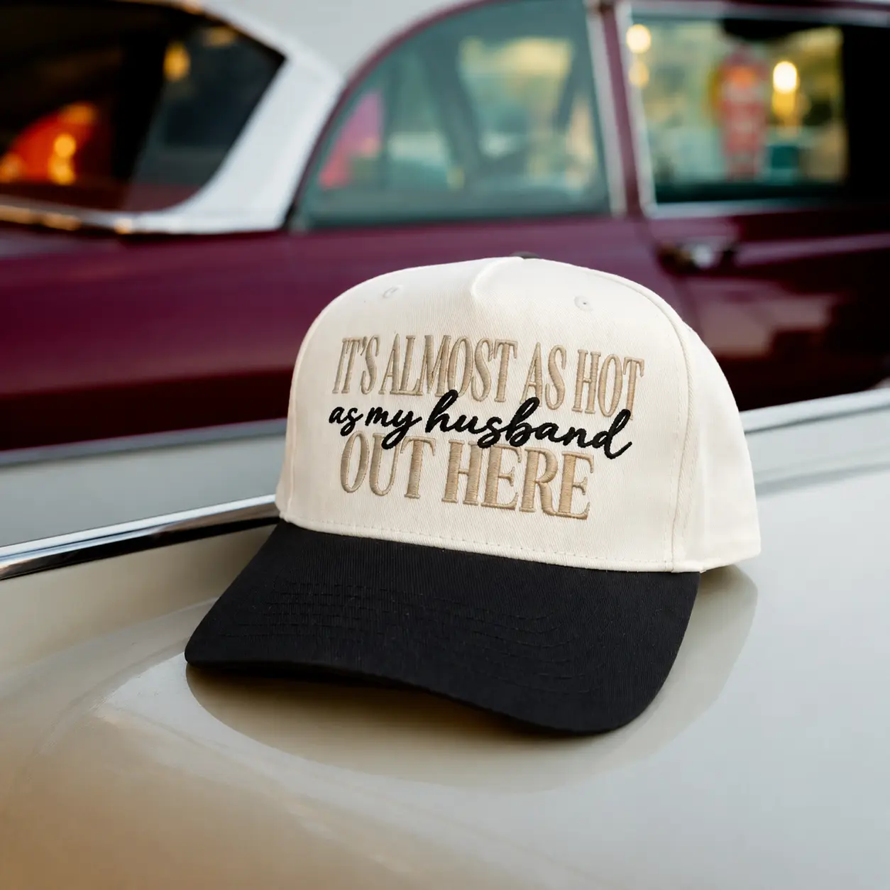 It's Almost As Hot As My Husband Embroidered Trucker Hat | Funny Women's Snapback Baseball Cap | Trendy Two-Tone Summer Gift