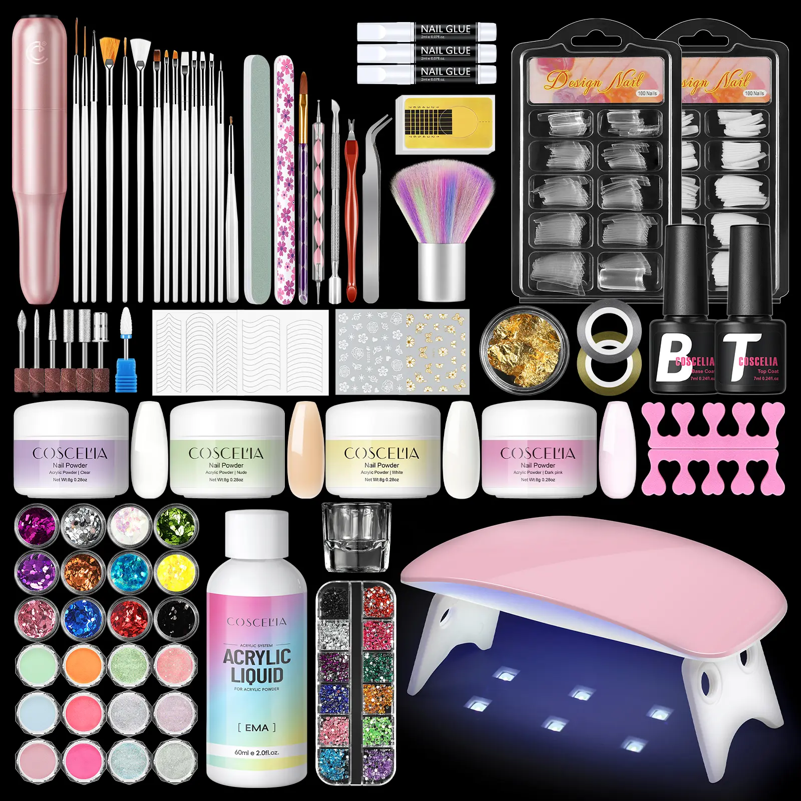 COSCELIA Acrylic Powder Nail Kit for Beginners with UV Lamp & Drill, Complete DIY Manicure Set with Base Top Coat, Glitter Powders for Home Nail Care