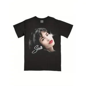 100% cotton Women's T-shirt Selena Quintanilla Vintage Graphic T-Shirt, Unisex Cotton Tee, 90s Y2K Retro Streetwear, Texas Tejano Music Merch, Black with White Collar & Cuff Details, Casual & Sporty Design Crewneck Top Womenswear Breathable