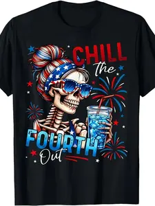 2026 Spring & Summer Collection Men's Chill The Fourth Out Patriotic Skeleton T-Shirt Casual Crewneck for 4th of JulyTop Classic Day Festive women