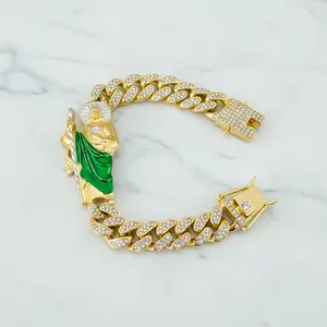 San Judas Tadeo Iced Out Cuban Link Bracelet - 14K Gold Plated Saint Jude Bracelet with Green Robe - Pulsera de San Judas Protection Jewelry for Men & Women
