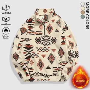 Men's Ethnic Pattern Drop Shoulder Zip-Up Hoodie Regular Fit Casual Cozy Long Sleeve Stand Collar Pullover Plush Winter Top for Autumn and Winter