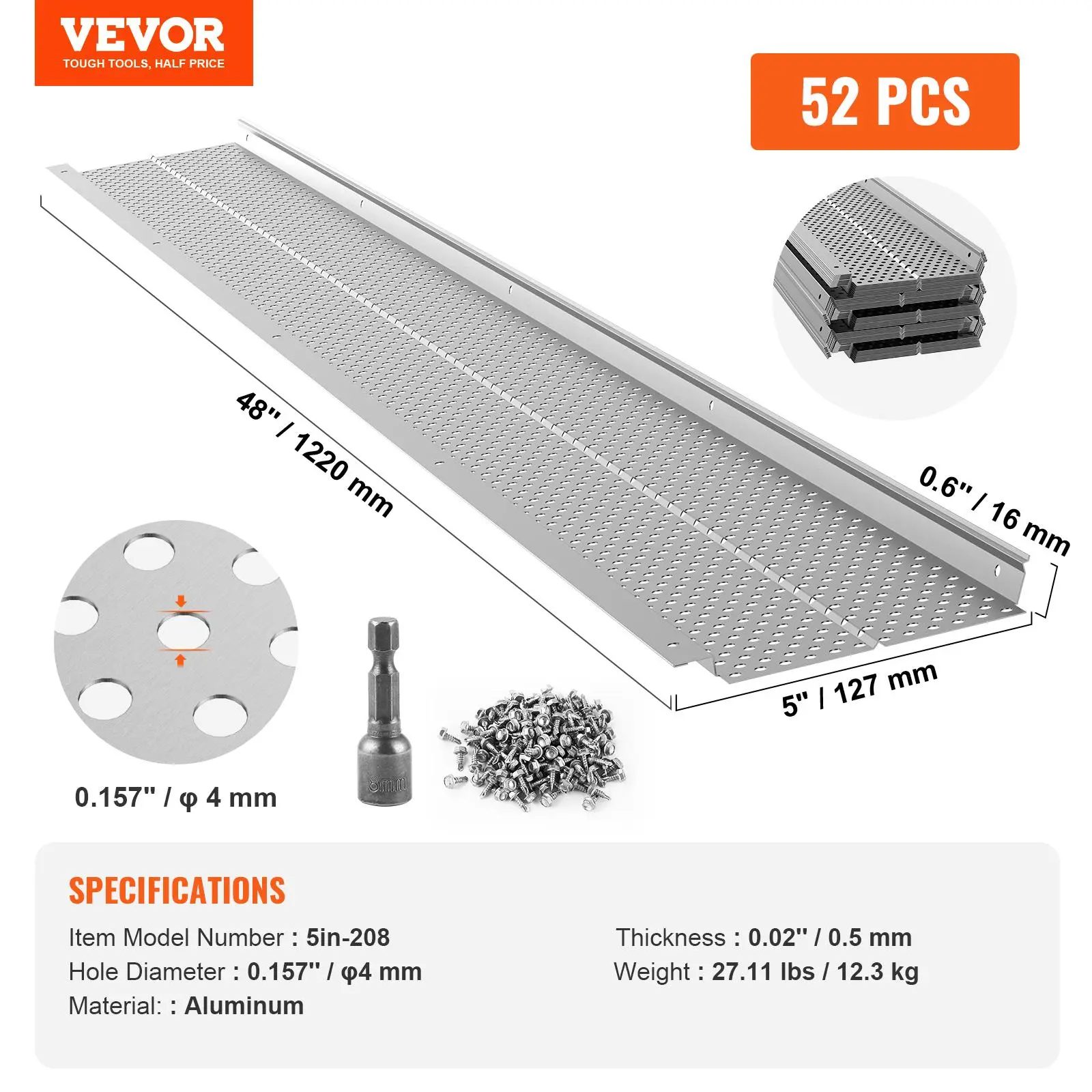 【Summerfinds】VEVOR Gutter Guard, 5 inch Width, Aluminum Leaf Filter DIY Gutter Cover, 52 PCS 208 ft Total Length, 0.157'' Hole Diameter & 0.02'' Thick Raptor Gutter Guards Fits Any Roof or Gutter Type