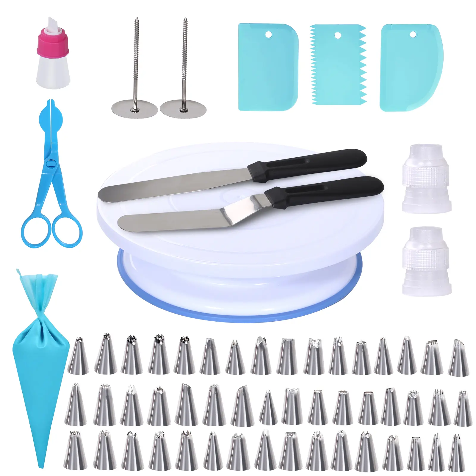Cake Decorating Kit with 48 Piping Tips, Rotating Cake Turntable, Offset Spatulas, Reusable Pastry Bag, Icing Smoothers & Baking Tools Set for Beginners and Professionals