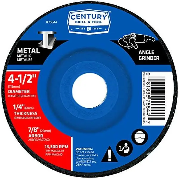 212 MAIN Type 27 Depressed Center Metal Grinding Wheel - 4.5x0.25in Aluminum Oxide, Reinforced Fiberglass Backing, 13,300 RPM, 0.35 lbs, Century Drill & Tool Design for Reptile & Amphibian Cleaning, Ferrous Metals