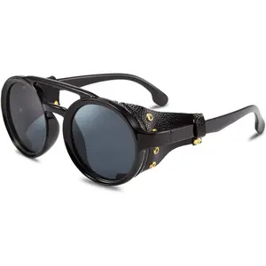 Retro round steampunk sunglasses for men and women, light-colored plastic frame with leather