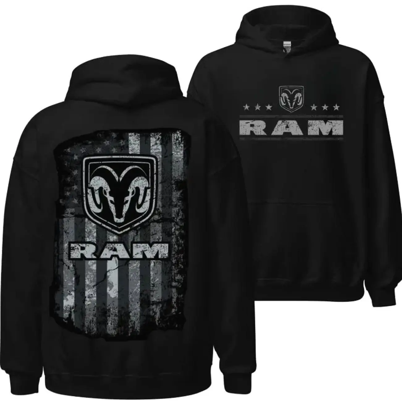 Men's RAM Truck Hoodie, Dodge Ram American Flag Pullover Hoodie - Distressed US Flag Graphic, Black Fleece Hoodie, 2-Sided Print Patriotic Apparel