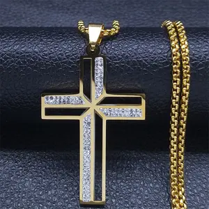 Rhinestone Cross Pendant Necklace in Stainless Steel,Gold-Tone Stainless Steel Cross Necklace with Imitation Diamonds,decorative trim