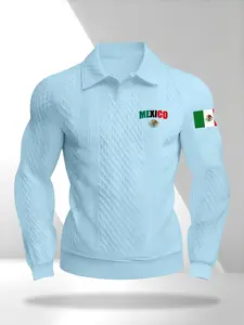 Men's Long Sleeve Polo Shirt, Polo Tees, Textured Design, Mexican Flag Print, Casual Wear, Comfortable Fit, All Seasons, Fashion Style