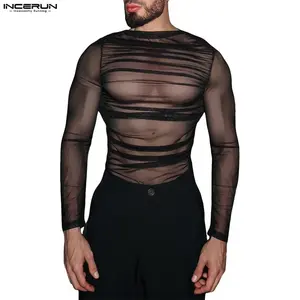 INCERUN Men's Grunge Opium Distressed Top Rave Concert Mesh See-Through Tee