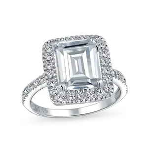 Art Deco Style 5CT Statement CZ Halo Emerald Cut Solitaire Engagement Ring Pave Band Sterling Silver