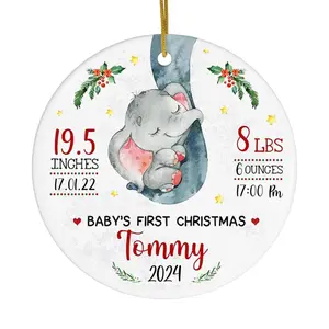 Personalized Baby First Christmas Elephant Ornament 2024, Custom Ceramic Glass Ornament Keepsake, Christmas Tree New Born Gift New Parents