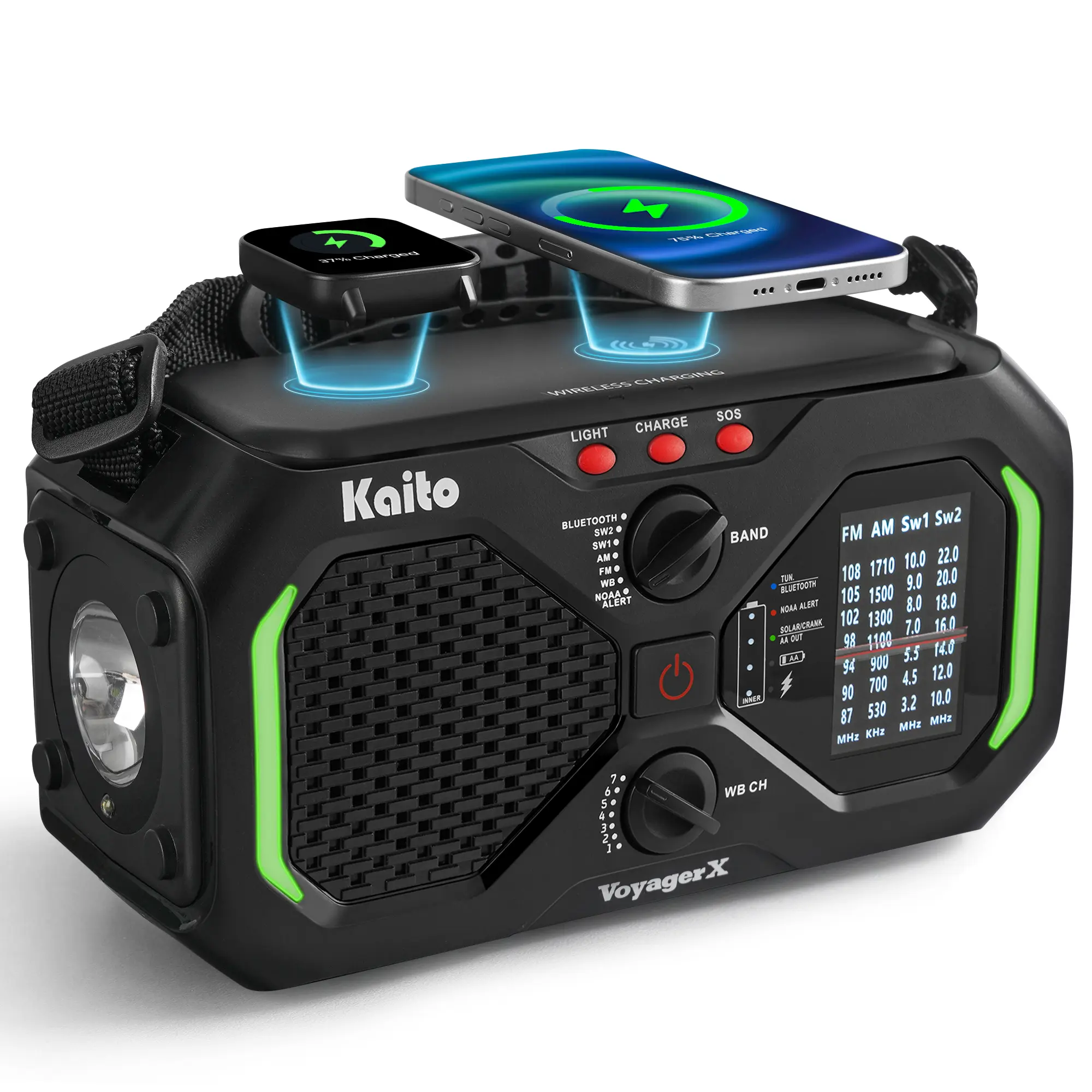Kaito Voyager X Emergency Radio with NOAA Weather Alert AM/FM/Shortwave Solar & Hand Crank Power Wireless Charging SOS Alarm, LED Flashlight & Reading Lamp Survival & Preparedness Gear