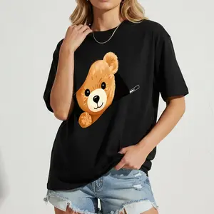 Casual Funny Bear Graphic Tee for Women, Bear Print Short Sleeve T-Shirt, Comfortable Cotton Everyday Summer Top