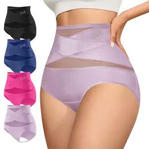 Lucky Logo 4/8 pcs High-Waisted  Letter Print Briefs，Criss Cross Mesh Panties for Womenswear, Breathable & Comfy  Underwear for Women，Everyday Comfort Knicker, All Seasons Fit for Ladie,mothersdaygift.