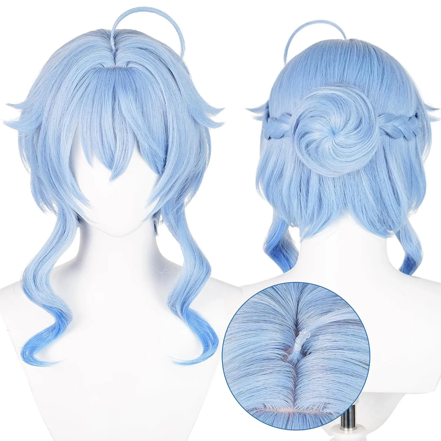 Ganyu Anime Light Sky Blue Wigs with Bangs Short Wavy with Buns for Women COS Game Wig Twilight Blossom Cosplay Wig Halloween,Christmas,Comic con,Stage Show,Party