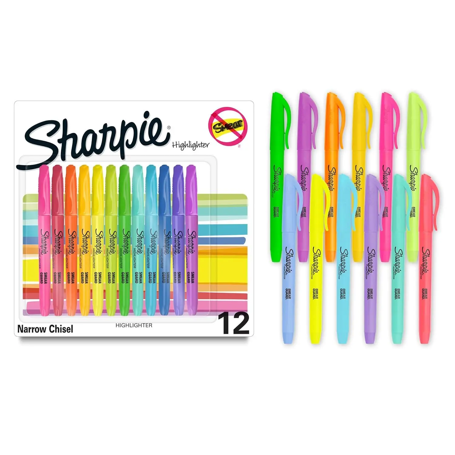 Sharpie Pocket Highlighters, Chisel Tip, Assorted Colored Highlighters, Essential Teacher and Office Supplies, Classroom Must Haves, Smear-Resistant, 12-Pack