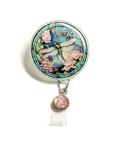Dragonfly Badge Reel, 2”, Stained Glass Design, Retractable Swivel Alligator Clip