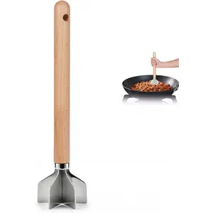 Stainless Steel Meat Chopper, 6-Blade Ground Beef Chopper Tool with 11" Wooden Handle for Potato Masher (Wood Handle-1pc)