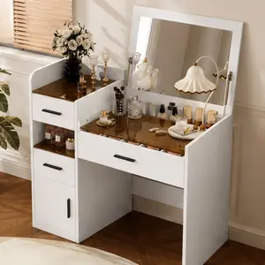 ARCH 3-in-1 Mirrored Dressing Table with Flip-Top Mirror, Amber Tempered Glass Top, Hidden Storage, 3 Drawers, Cabinet, Compact Space-Saving White MDF Vanity Desk for Bedroom, 19.7"W x 42.9"D x 48.2"H, Mirrored Dressing Tables