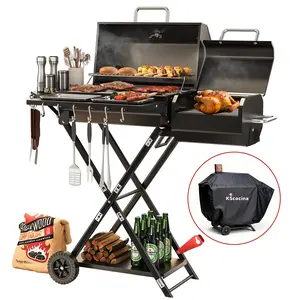 KScocina 2-in-1 Portable Charcoal Smoker & Grill: Foldable Suitcase Design with Rolling Wheels, Easy Setup BBQ Grill with Tool Hooks, Storage Shelves & Rain Cover for Tailgating & Outdoor Parties