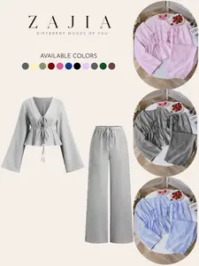 Women’s Ribbed Knit 2 Piece Lounge Set, Tie Front Cardigan, Crop Tank, Wide Leg Pants, Soft Cozy Pajama Set for Home & Travel, Loungewear