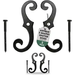 Renovators Supply Cast Iron Shutter Fasteners - Decorative S Style Shutter Dogs Hardware - Weatherproof Powder Coated External Shutter Tieback Including Mounting Screws - 6.5 Inches (Pack of 2 Pairs)