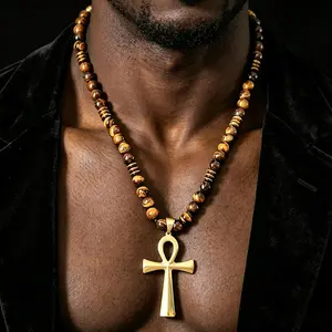Gold Plated Key of Life Pendant with Natural Tiger Eye Beaded Chain, Spiritual Protection Amulet, Boho Tribal Streetwear Jewelry, Adjustable Cord, Hypoallergenic & Tarnish Resistant, Perfect for Daily Wear & Layering, Masculine Hip Hop Accessory