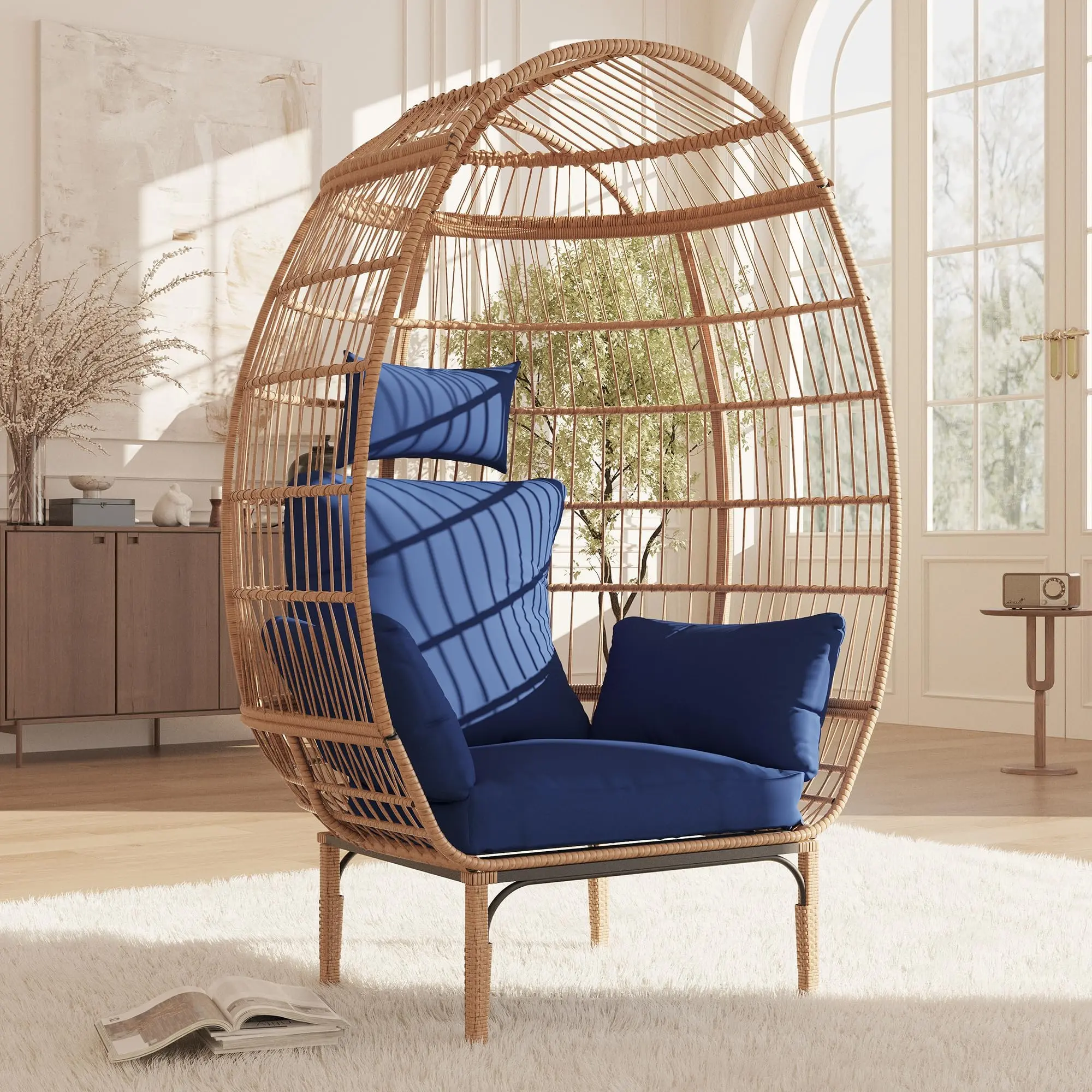 GAOMON Sturdy Ergonomic Oval Wicker Egg Chair, Freestanding Oversized All-Weather Waterproof Solid Weave Rattan Lounger, 500 Lbs Capacity, w/5 Cushions for Garden, Living Room, Relaxing