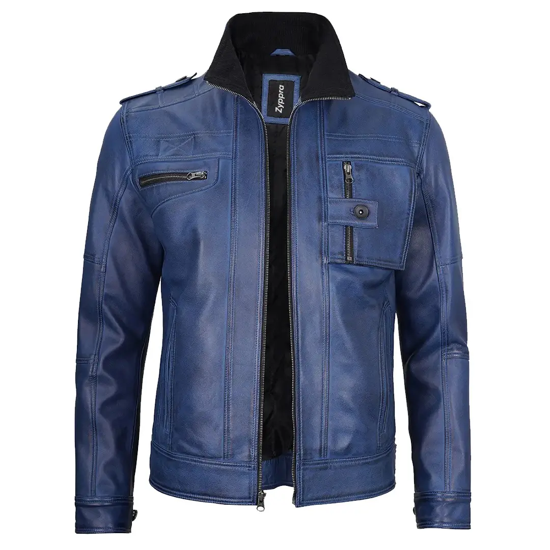 Mens Cafe Racer Blue Waxed Leather Jacket