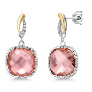 Gem Stone King 925 Sterling Silver Peach Nano Morganite and White Lab Grown Diamond Earrings for Women | 15.11 Cttw | Gemstone October Birthstone | Cushion 12MM
