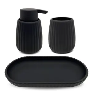 4-Piece Black Bathroom Accessories Set Rubberized Plastic Ribbed Design Soap Dispenser Toothbrush Holder