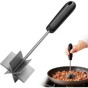 304 Stainless Steel Meat Chopper & Masher – 10 Inch Heavy Duty Ground Beef Smasher with 6 Curve Blades, Ergonomic Non-Slip Handle, Heat Resistant & Dishwasher Safe Hamburger Tool