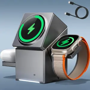 3-in-1 Rotating Phone Stand with Wireless Charging for iPhone, Apple Watch & AirPods | Slide-Out Dual Side Design, Expandable Drawer Style, Magnetic Phone Mount, 360° Adjustable Desk Holder, C to C Cable Included