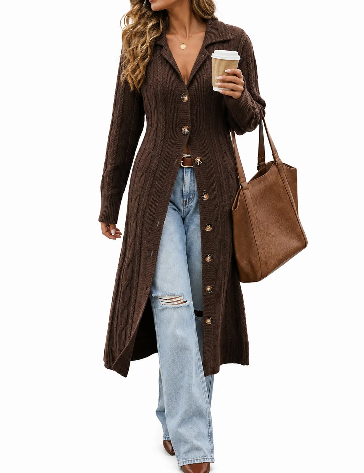 VIMPUNEC Women‘s Long Cardigan Sweater Button Front Midi Duster Coat with Side Pockets Collared Neck Textured Cable Knit for Dressy Casual Fall Layering Knitwear Womenswear Chunky Everyday Fitted Soft Outfits Style backtoschool