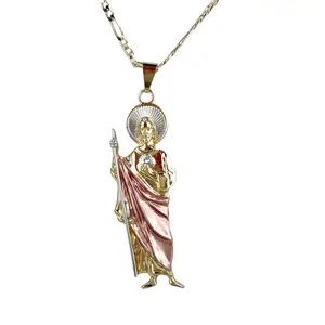 Saint Jude Pendant Pink w/ 24" Figaro Chain Medalla Necklace San Judas 2.8in Pendant 14K Gold Plated